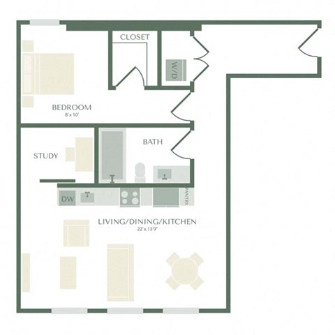 Floor plan for 1 bed, 1 bath, 789 sqft